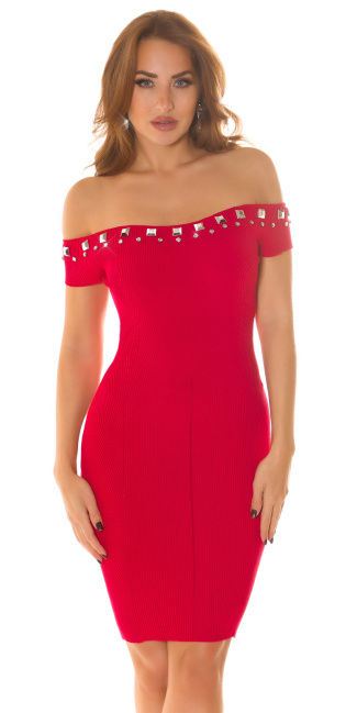 Off-shoulder gebreide jurk met glitter studs rood